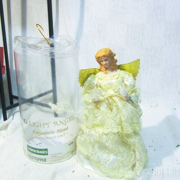 ANGEL TREE TOPPER LIGHTED,10'' TALL CREAM LACE GOLD WINGS - Picture 1 of 9